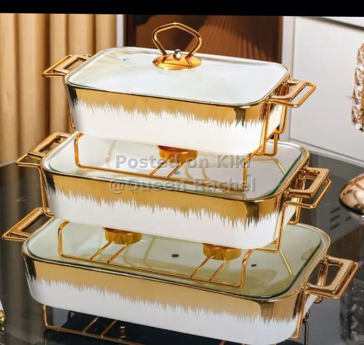 White and Gold Chafing Dish Set with Warming Stands (3-Piece)