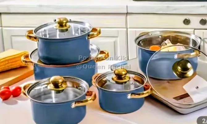 Navy Blue Cookware Pot Set with Gold Handles and Glass Lids