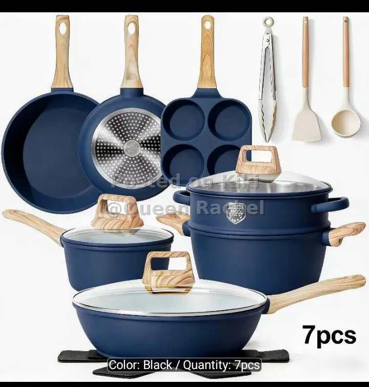 7-Piece Black Cookware Set with Wooden Handles